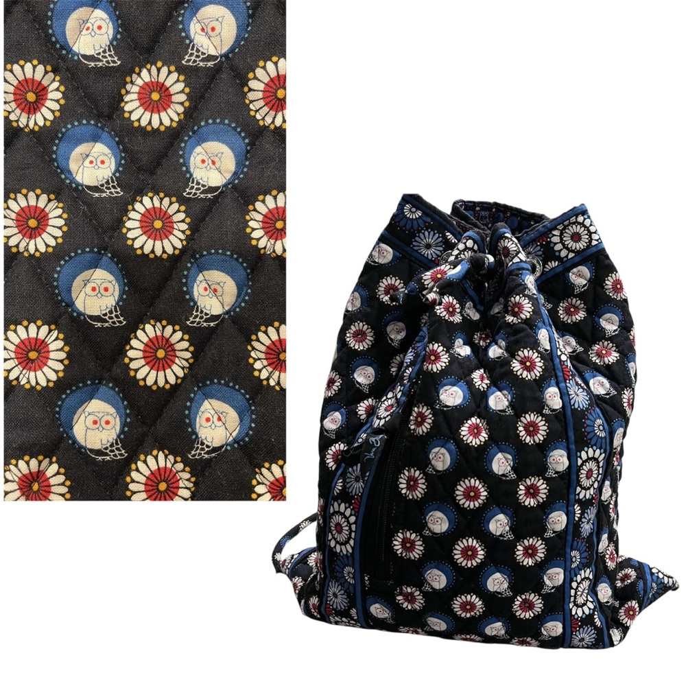 Vera Bradley Night Owl Quilted Drawstring Backpack 100% Cotton Made in USA EUC